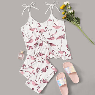 Пижама на бретелях с принтом "фламинго