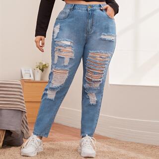 Рваные джинсы размера плюс с высокой талией