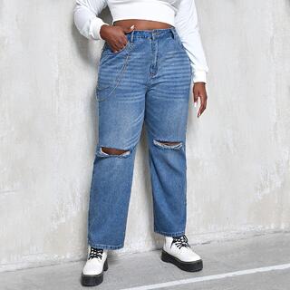 Рваные джинсы размера плюс с цепочкой и высокой талией