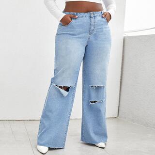 Рваные широкие джинсы размера плюс